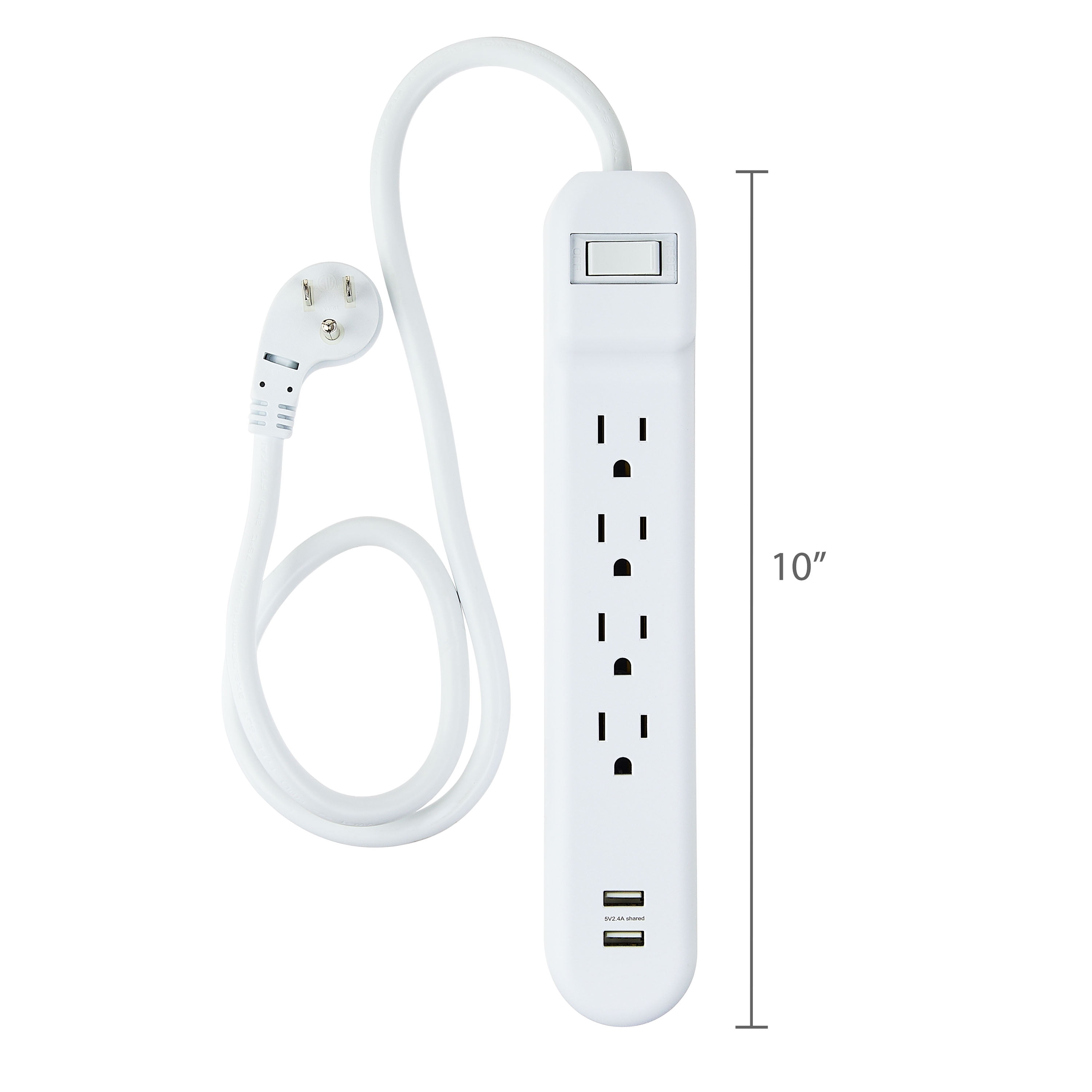 onn 4-Outlet 2USB Surge Protector White 2.5ft Power Cord