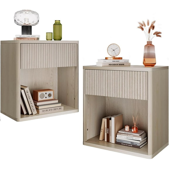 Night Stand Set of 2, Wood Nightstand Sets with Storage Drawer and Open Shelf, Fluted Bedroom Nighstands, Mid Century Bed Side Table, End Tables Living Room, Dorm, Home Office, White Alder