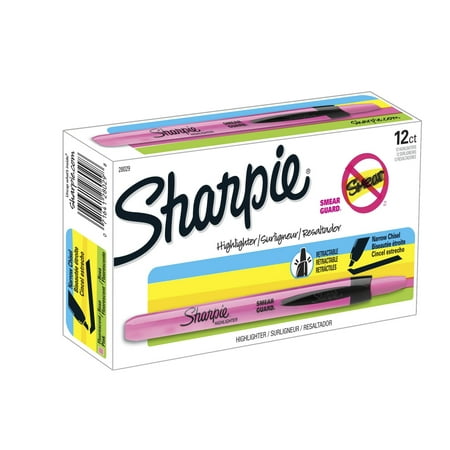 Pink Highlighter - Sharpie Accent Retractable Highlighters, Chisel Tip, Fluorescent Pink, Box of 12