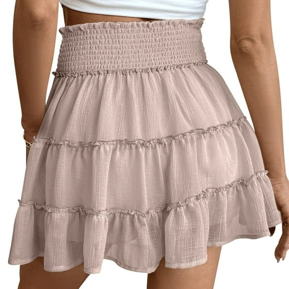QHFBli Womens High Waist Ruffle Flowy Mini Skirts Stretchy Waist Solid Lined Layered Pleated Casual Beach Short Skirt
