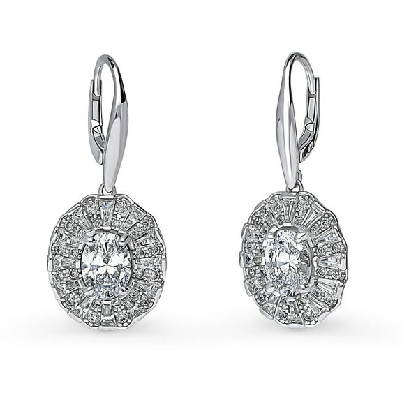 BERRICLE Sterling Silver Halo Oval Cut Cubic Zirconia CZ Vintage Inspired Art Deco Anniversary Leverback Dangle Drop Earrings for Women, Rhodium Plated