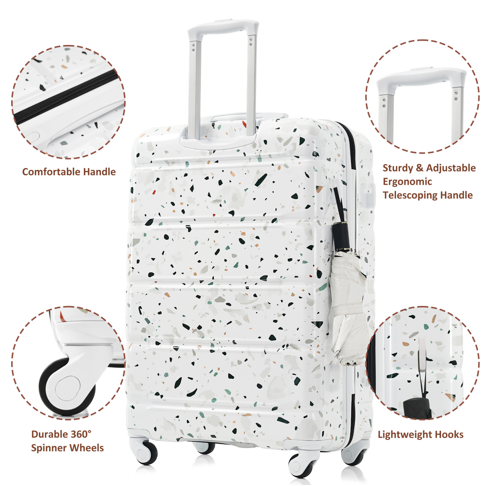 3-Piece 20-Inch ABS+PC Hard Shell Luggage Set with USB Port & Spinner Wheels, Airline Certified Carry-On, Starry Sky White