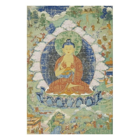 Tiled Buddha Art - Buddha en vajrapariankasana et vitarka-mudra et scènes illustrant des jâtaka Print Wall Art