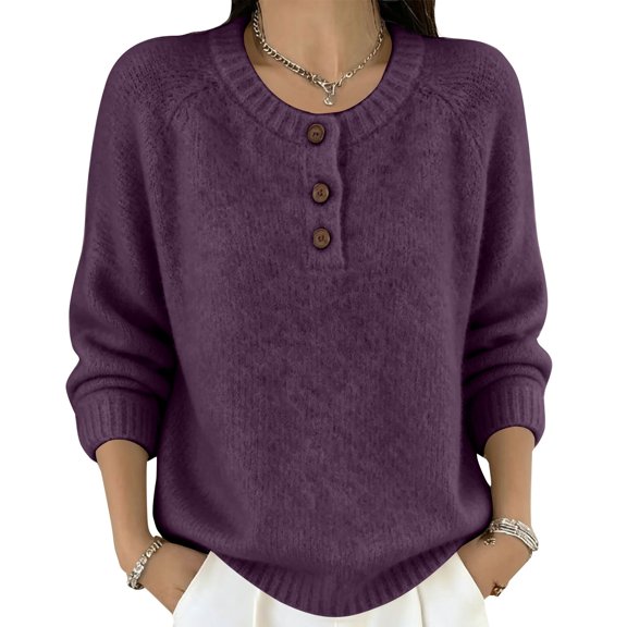 Only Moment Purple Women Oversized Cozy Knit Sweaters Crew Neck Neck Button 90s Vintage Cable Knit Long Sleeve Women S