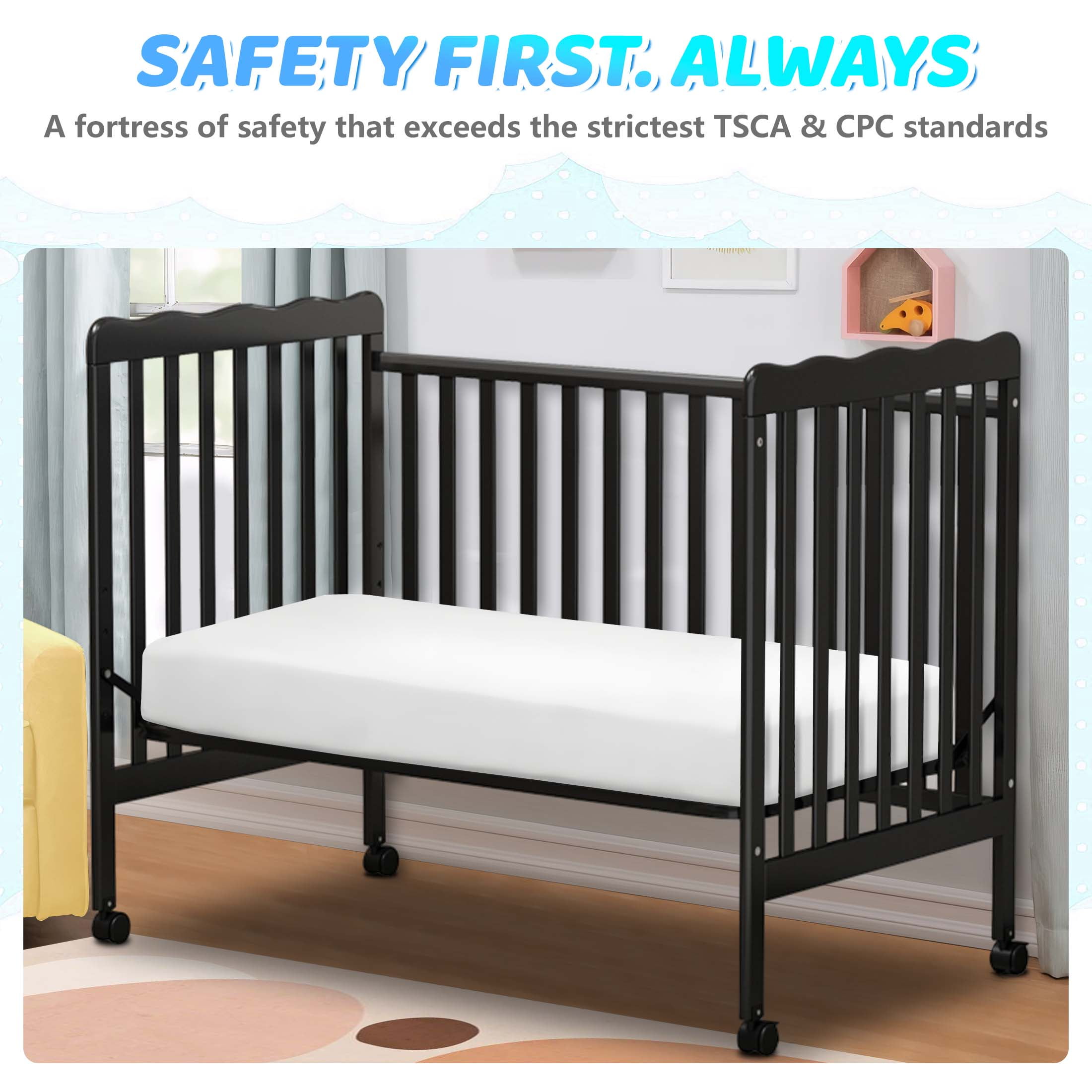 Sesslife 3-In-1 Convertible Crib, Black Baby Bed with Locking Wheels, Converts from Baby Crib to Toddler Bed, Fits Standard Full-Size Crib Mattress(Not Included)