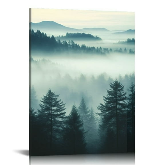ONETECH Foggy Forest Canvas Wall Art Indigo Misty Forest Pictures Blue Grey Abstract Mountain Trees Painting Artwork Nature Scene Canvas Art for Living Room Bedroom Home Office Wall Decor 12x16 in