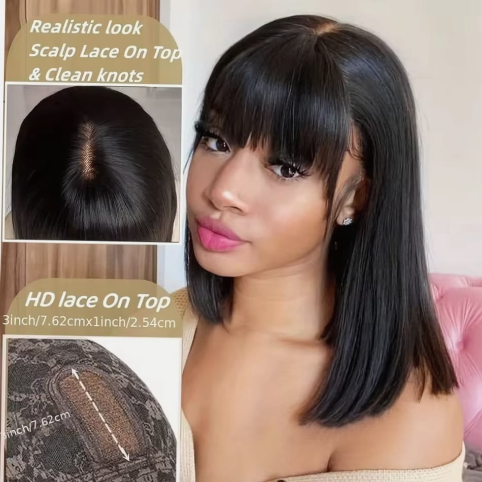 Typpkmm – Durable 8 Straight Bob Wig Human Hair with Bangs 3x1 HD Lace Middle Part Wigs for Women Glueless Wear and Go Bob Wigs 10 Inch, Black