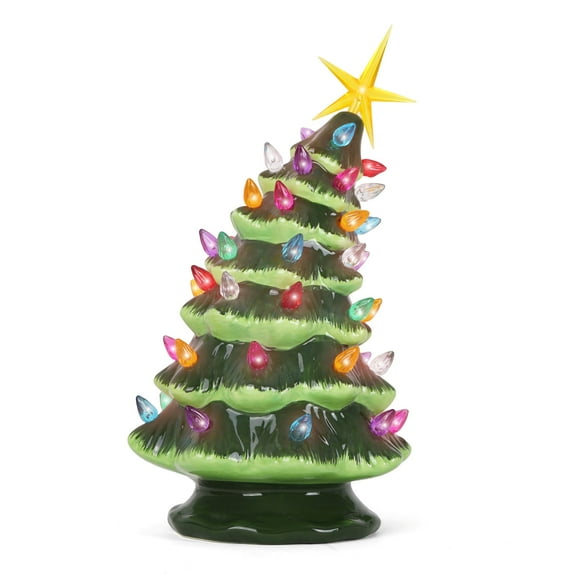 Milltown Merchants Green Leaning Ceramic Christmas Tree - 9.5", Medium Multicolor Lights