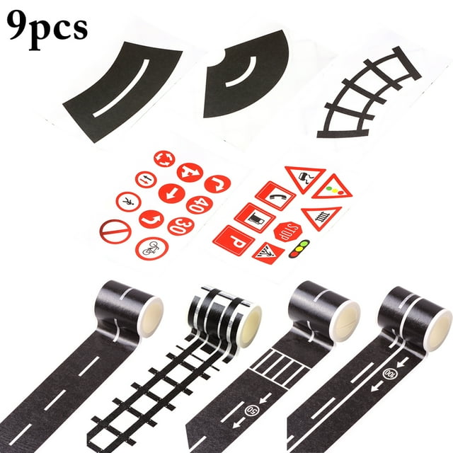 4 Rouleaux de Rubans Routiers DIY Amovibles pour Voiture Jouet avec Panneaux de Signalisation et Routes Incurvées