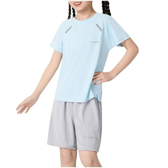 Zwiiyzr 2-15Y Kids Girls 2 Piece Outfits Round Neck Top Kids Girls 2 Piece Outfits Sports Cedar Breathable and Comfortable Shorts Set Blue