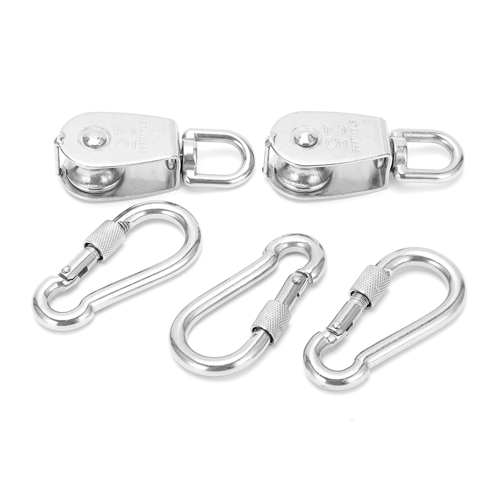 LeonBach Carabiner and Single Pulley Set 2 Pcs M25 Stainless Steel Single Pulley 4 Pcs 3.15 Heavy Duty Carabiner with Spring Snap Hook 