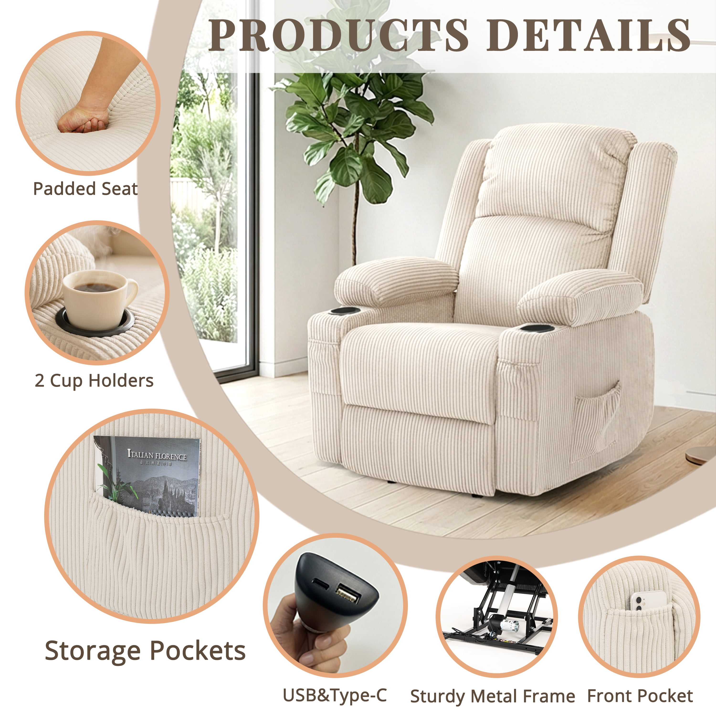 IKAKOS Power Lift Recliner Chair with Massage and Heat, 400 lbs Heavy Duty, Beige