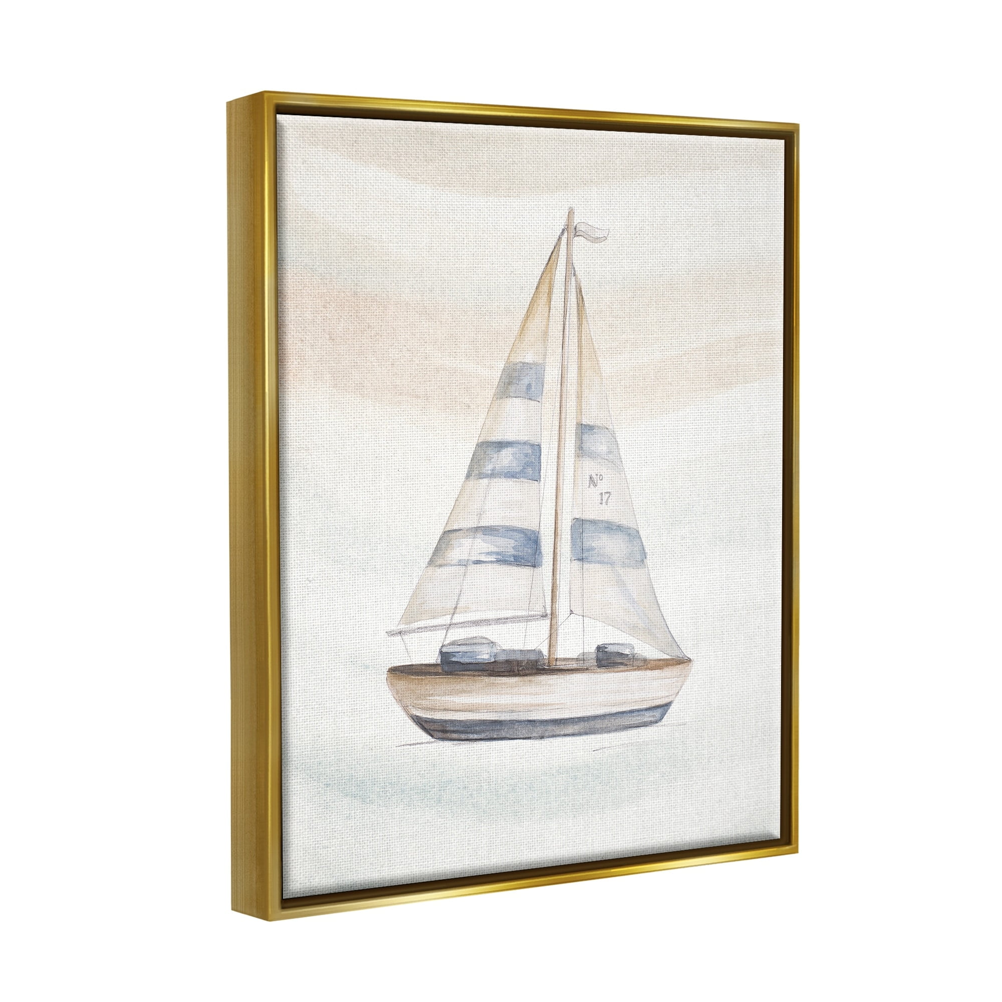 Stupell Industries Nautical Sailboat Drifting Pale Abstract Ocean Waves Graphic Art Metallic Gold Floating Framed Canvas Print Wall Art, Design by Patricia Pinto