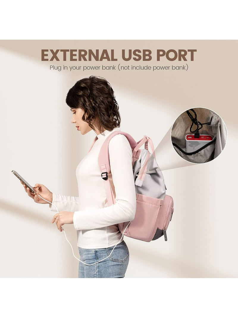 Loveyook Travel Backpack Gray & Blush Pink USB Charging Port Multi Pocket Loveyook Travel Backpack Gray & Blush Pink USB Charging Port  main image 4