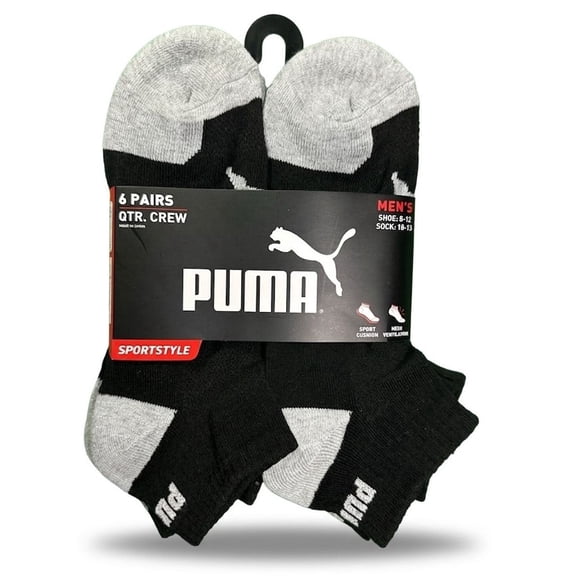 PUMA SOCKS MEN'S - QUARTER - EVEN 263 - BLACK GREY - LARGE (10-13) PACK 6 XX