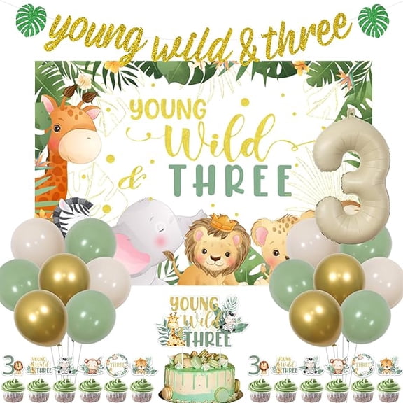 Young Wild And Three Decorations, Jungle Safari 3rd Birthday Decorations Backdrop Banner Jungle Animal Cake Cupcake Toppers Number 3 Foil Balloon for Boys 3rd Birthday Decor