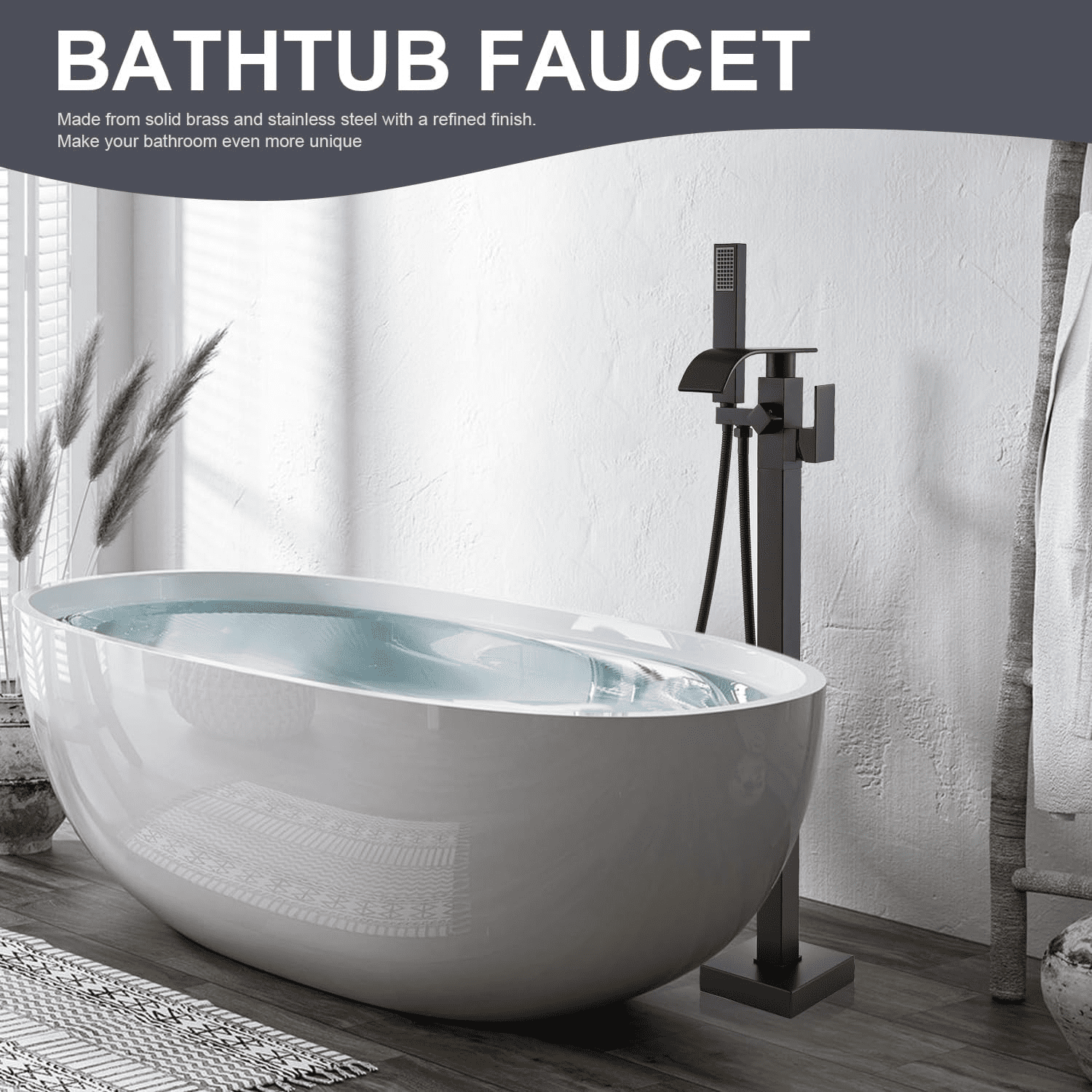 Matte Black Floor Mounted Bathtub Faucet Free Standing Tub Filler W/Hand Sprayer