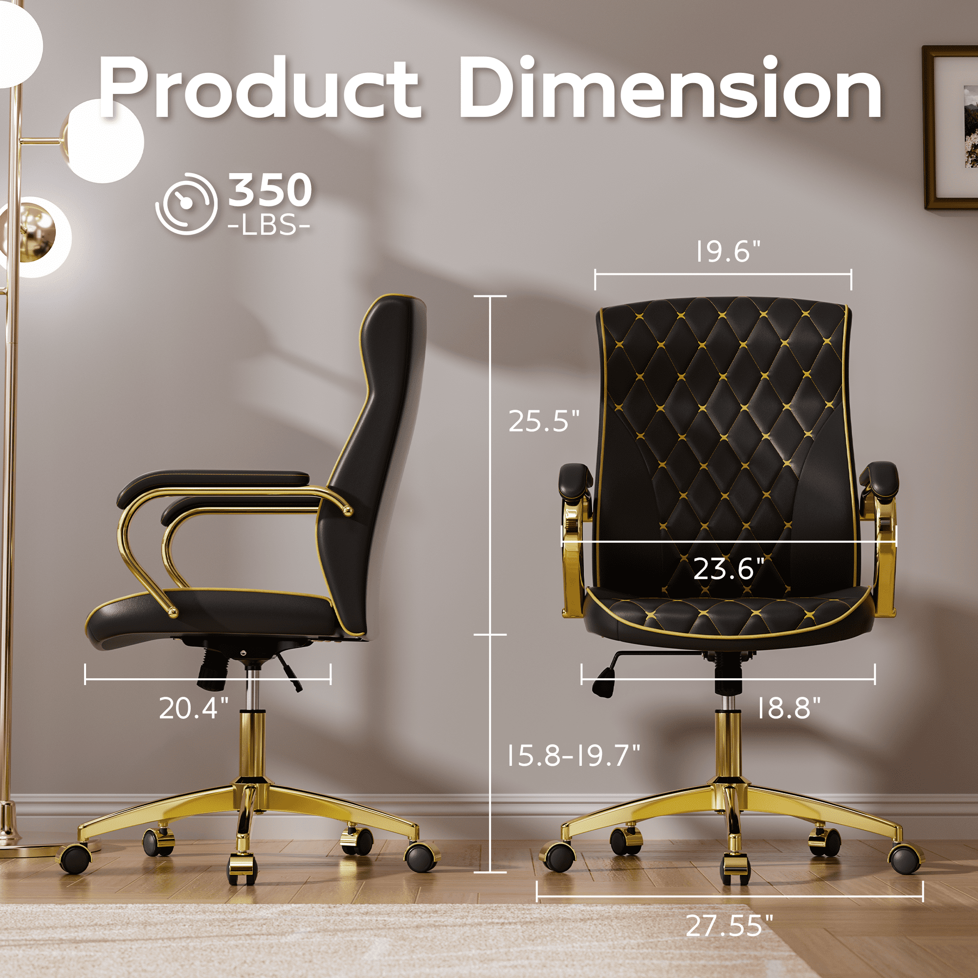 Black and Gold Office Chair with Soft Leather Embroidery, Mid Back Vintage Swivel Executive Desk Chair with Wheels and Padded Arms, Adjustable Height