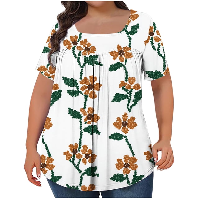 Tops Cortos para las Mujeres Impreso Cuello de Gran Tamaño Plisado Manga Corta Suelta Superior en Tamaños Más L-5xl