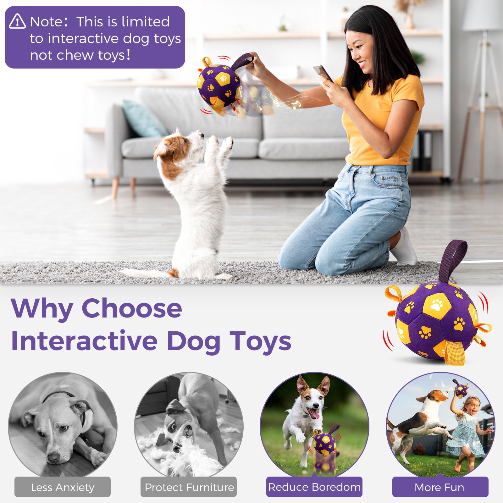 QDAN Interactive Dog Toys Ball with Straps, Rechargeable Moving & Vibrating Smart Ball for Dogs, with Recording & Music Modes, Fun Dog Chase Toy to Keep Small & Medium Dogs Busy – Purple & Yellow