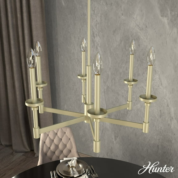 Hunter - Briargrove 6-light Modern Brass, Large Chandelier, Dimmable, Formal Style, Candle Shaped, for Bedrooms, Dining, Living Rooms - 19701