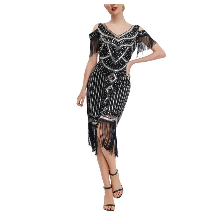Womens 1920S Flapper Dress Maternity Surplice Dress Vintage Long Fringe Dress Wedding Day Dress Roaring 20S Sequins Beaded Dressy Dresses for Wedding Guest Dress Walmart