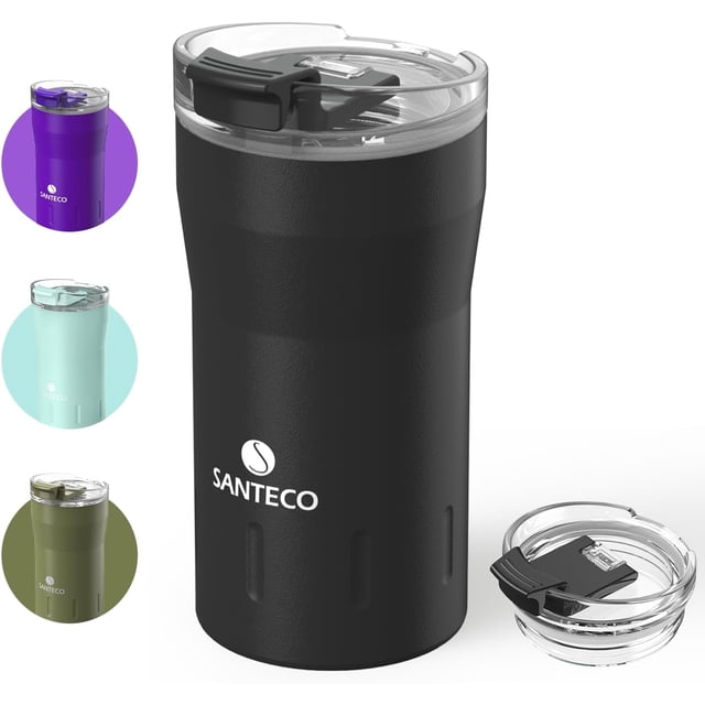 TRAHOO-Santeco Tasse de Voyage 12oz Tasses à Café Isolées avec Couvercle Rabattable, Tasses à Café en Acier Inoxydable Anti-Déversement, Gobelet à Double Paroi Réutilisable pour Café Chaud/glacé Thé - Noir