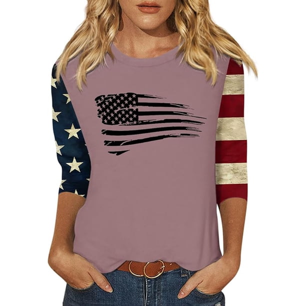 Camisetas de Manga Corta para las Mujeres Día de la Independencia Patriótica Impresa 3/4 Manga Cuello Redondo, Camiseta Casual para Diarios Y Festivales