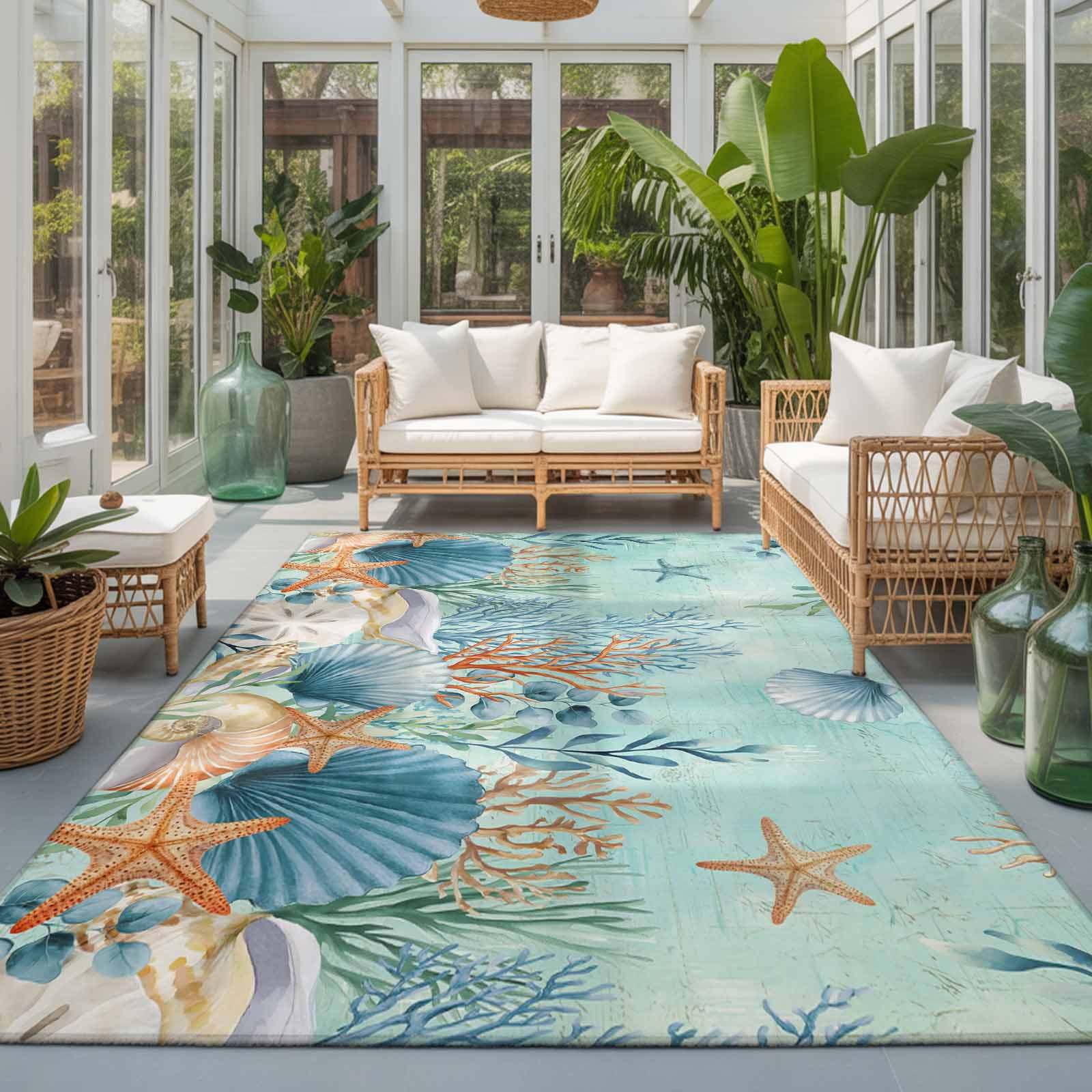 Large Area Rugs 8'x10', Teal Coastal Carpet Runner Indoor Outdoor Rugs Home Decor Aesthetic, Summer Beach Starfish Shell Coral Nautical Non Slip Mats Washable Accent Rug for Living Room Bedroom