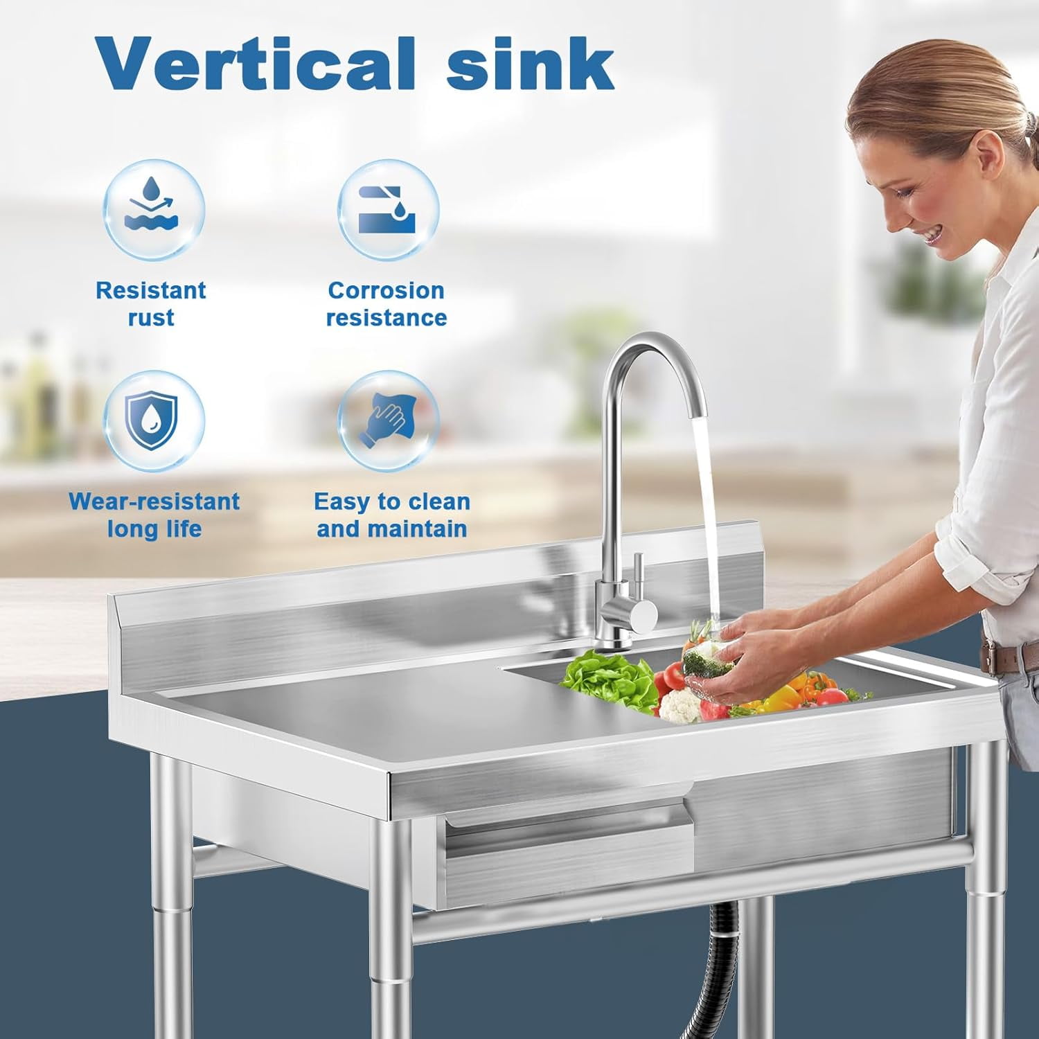 Stainless Steel Utility Sink Freestanding Single Bowl Laundry Sink With Hot And Cold Water Plumbing Workbench Drawers For Laundry Room Farmhouse Indoor And Outdoor Sink