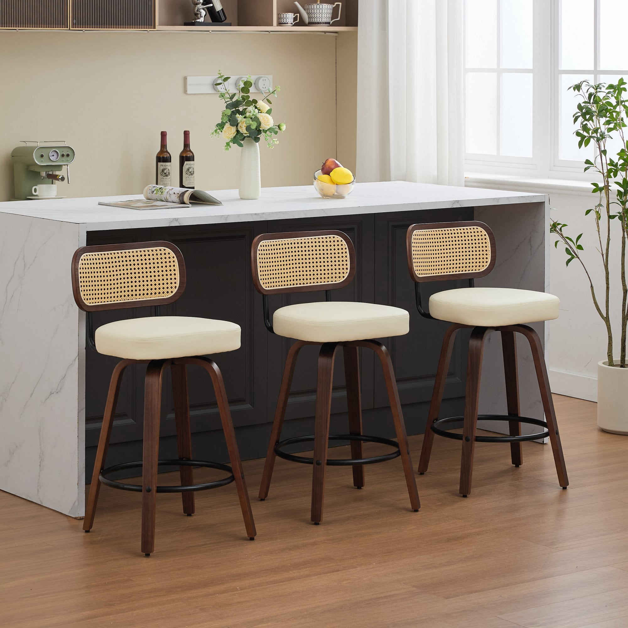 Oufan Swivel Bar Stools Set of 3, Wooden Counter Height Bar Chairs w/ Upholstered Seat & Rattan Backrest, Farmhouse Barstool for Kitchen Island,Cafe