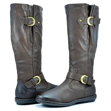 DREAM PAIRS Women's PU Knee High Flat Ladies Zip Winter Military Combat Boots US SUMMIT BROWN Size 6