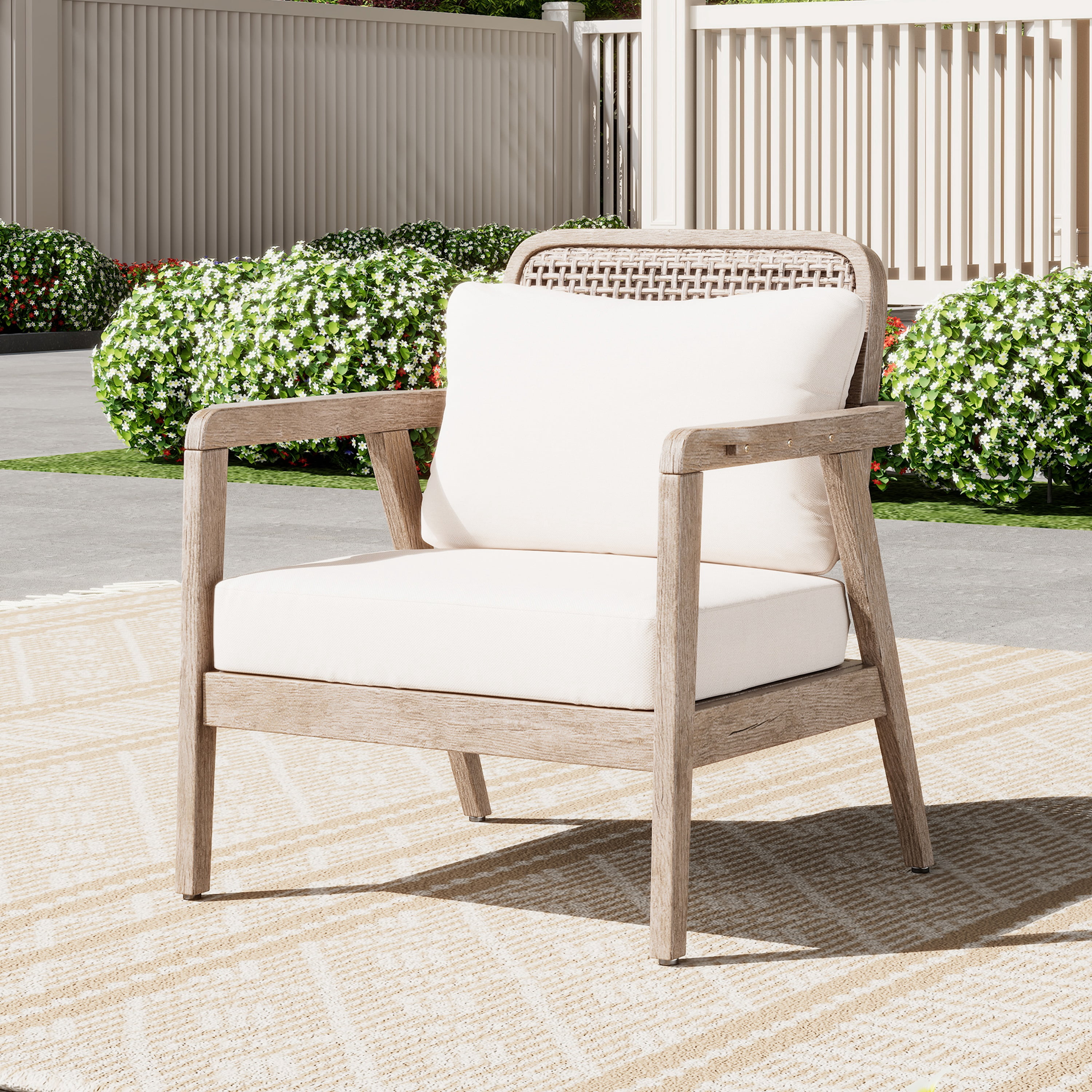 Outdoor Acacia Wood Patio Club Chair, Patio Furniture Waterproof Thick Cushion for Porch Garden, Light Brown and Cream