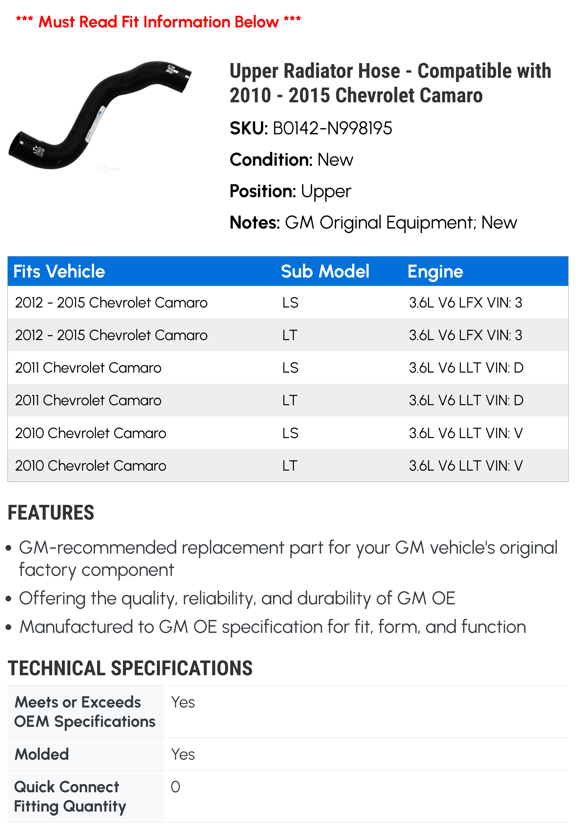 Upper Radiator Hose - Compatible with 2010 - 2015 Chevrolet Camaro - AC Delco