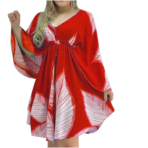 Wycnly Dresses for Women Fashion Batwing Sleeve High Waist Irregular Swing Mini Dresses V-Neck Long Sleeve Leaves Print Summer Short Formal Dress Red l