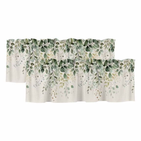 2 Pack Eucalyptus Leaf Valance for Window Country Plant Linen Texture Kitchen Valance Rod Pocket Short Curtain Topper Decorative Window Treatment for Living Room Bedroom 42"x18"