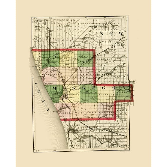 Historic County Map - Muskegon County Michigan - Walling 1873 - Vintage Wall Art