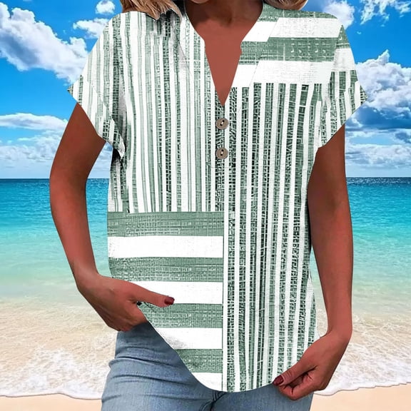 Women Tops under $5! Cagogo Women Linen Tshirts Shirts Dressy Casual Short Sleeve Loose Fit Blouse Fashion Floral Summer Trendy Button Up V Neck Cute Basic Tunics Outfits Clothes