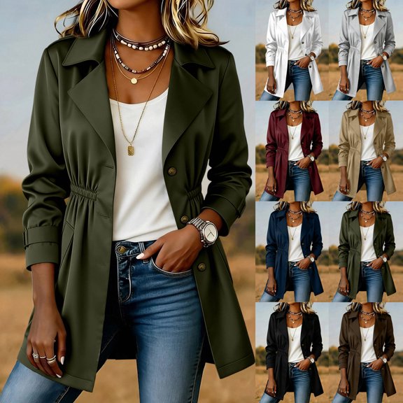 Zynoxe Women's Mid Length Windbreaker Jackets Comfort Elastic Waist Long Sleeve Outdoor Jacket Trendy Lapel Collar Button Down Jacket Lightweight Versatile Solid Color Trench Coat with Pockets S