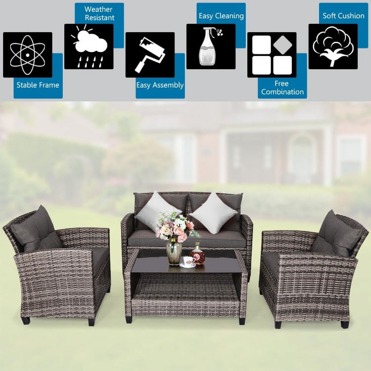 Aimee Lii 4 Pieces Wicker Patio Furniture Set, Coffee Table Cushioned Sofa, Modern Patio Furniture, Gray Aimee Lii 4 Pieces Wicker Patio Furniture Set, Coffee Table Cushioned Sofa, Modern Patio Furniture, Gray