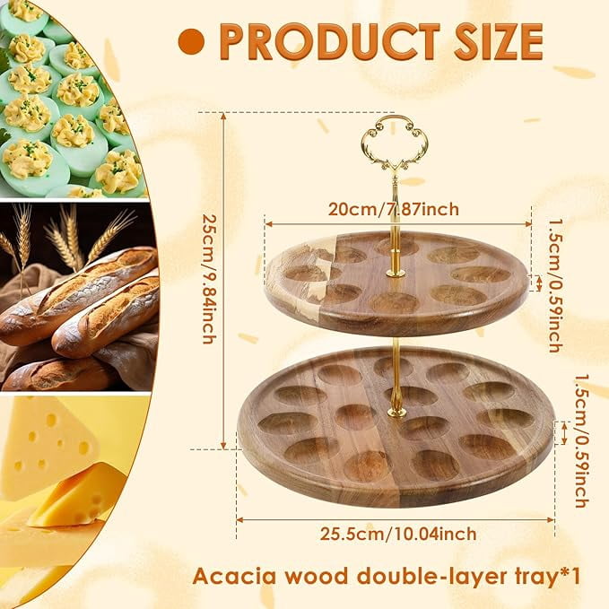 Two-layer wooden deviled egg tray with 21 holes, reversible serving tray rack, Thanksgiving and Christmas platter board