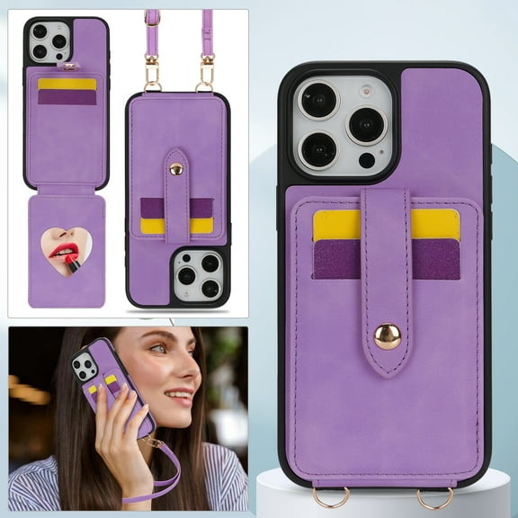 Crossbody Case Wallet Phone Case for iPhone 12 Pro / 12 6.1" with Strap,With Mirror, RFID Blocking Card Holder, Kickstand, PU Leather Shockproof Anti-fall Rugged Phone Cover for Women Girls,Purple