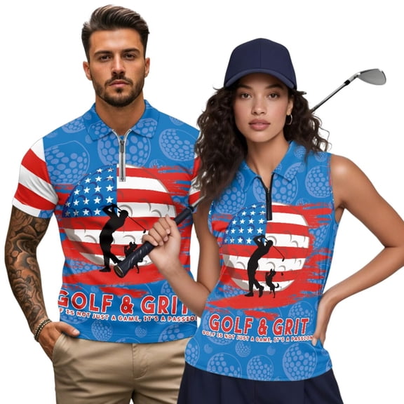 KUIFORTI American Flag Matching Golf Shirts for Couple Moisture Wicking Women's Matching Hawaiian Golf Shirt for Couple Suitable for Golf Enthusiasts Machine Washable