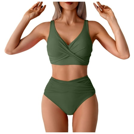CAICJ98 Bikinis Sets for Women Sexy Thong Bottom Two Piece Bikini Double Shoulder Straps Cute Swimsuit Triangle Bathing Green 2XL