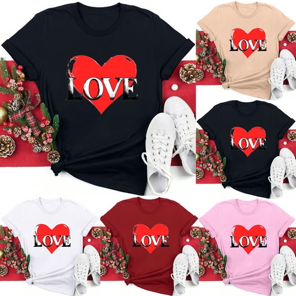 VKOYWKM Womens Valentine Shirts Romantic Heart Graphic Tees Holiday Valentines Day Tops Short Sleeve Crew Neck Loose Fit Party T-Shirt