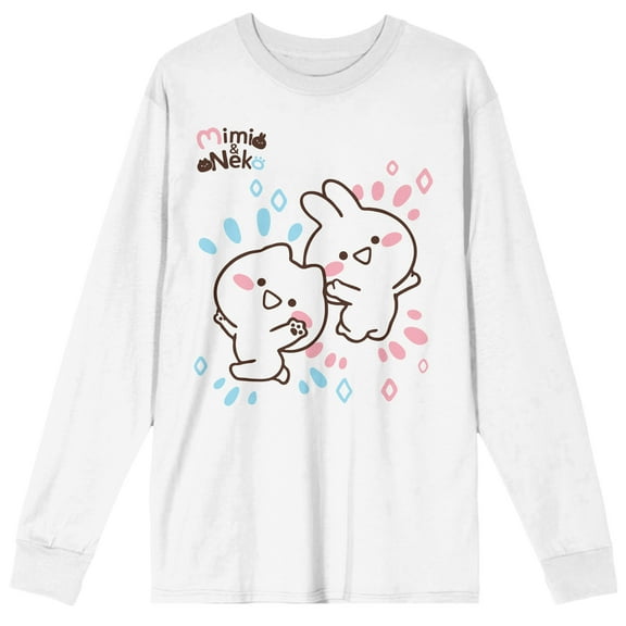 Mimi & Neko Rabbit And Cat Ears Crew Neck Long Sleeve Men's White Tee-Small