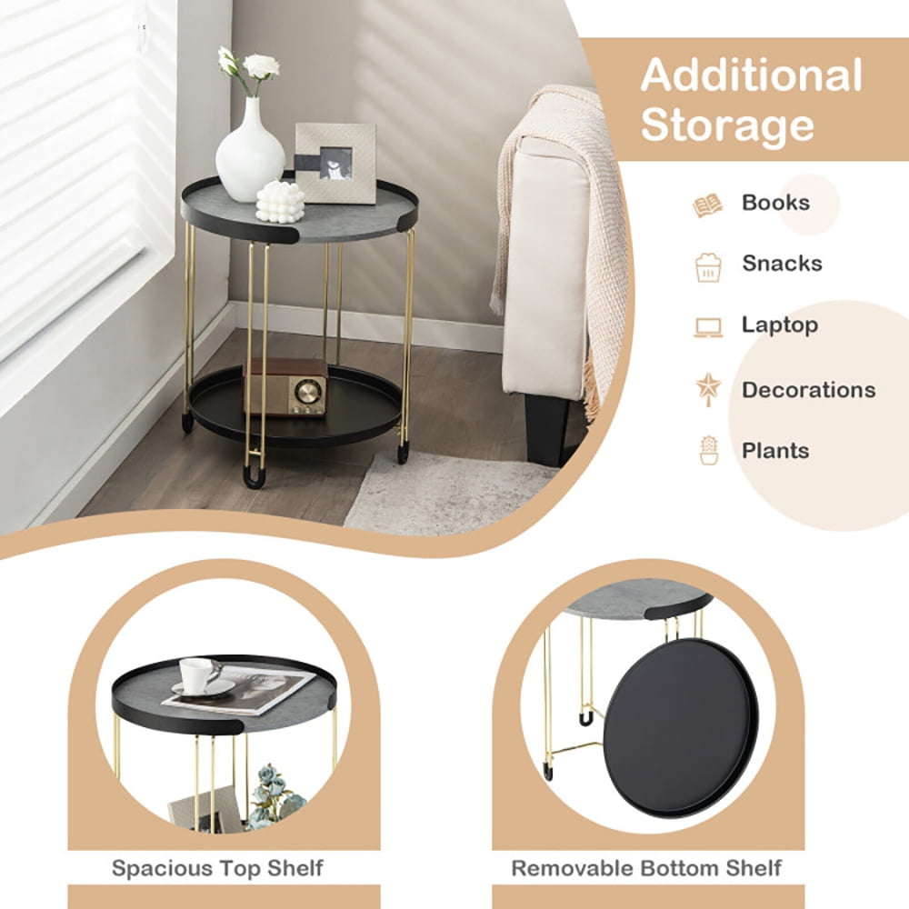 Finihen End Table, 2-Tier Round Side Table with Removable Tray and Metal Frame for Small Space, Sofa Side Table, Bed Side Table, for Living Room, Bedroom, Black