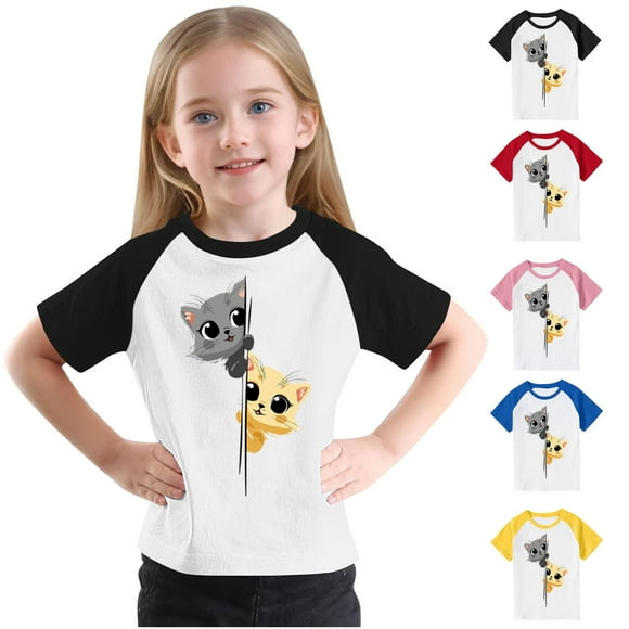 Feancey Toddler Summer T Shirts Kids Boys Girls Cat Print Cute Tops Raglan Short Sleeve Graphic Tees Loose Fit Crewneck Tshirts On Sale Yellow 7 Years