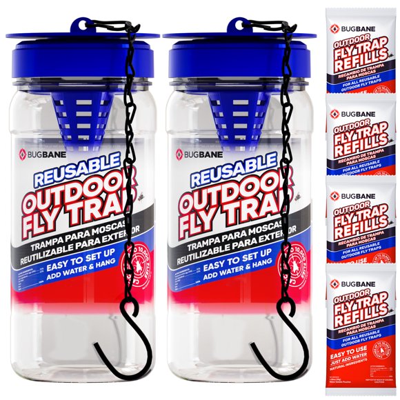 Trampas para moscas reutilizables BugBane Outdoor con 4 paquetes de recarga de cebo