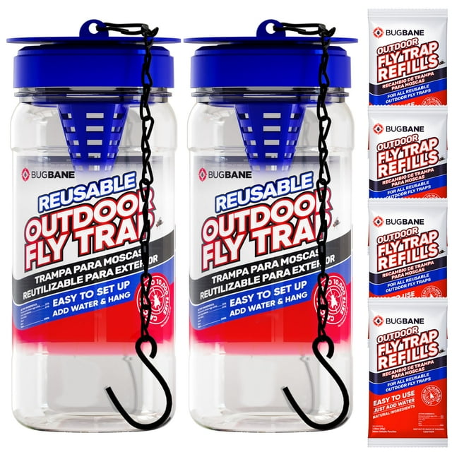 Trampas para moscas reutilizables BugBane Outdoor con 4 paquetes de recarga de cebo